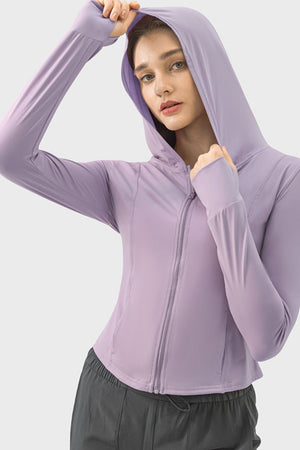 Lavender active hoodie with thumbholes and full zip closure.