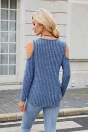 Dusty blue ribbed cold-shoulder top with ring detail and long sleeves.