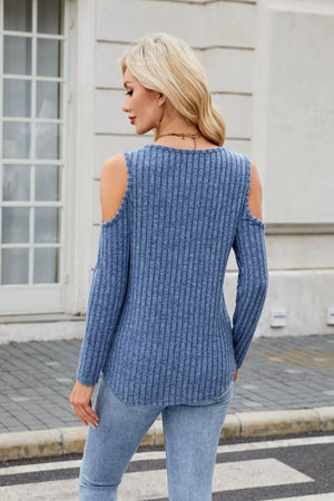 Dusty blue ribbed cold-shoulder top with ring detail and long sleeves.