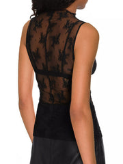 Black sheer lace mock neck tank top with floral pattern and ruffled neckline.