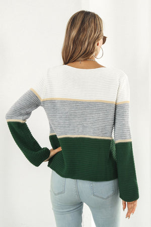 Colorblock ribbed boatneck sweater in white, gray, and dark green acrylic with horizontal stripes.