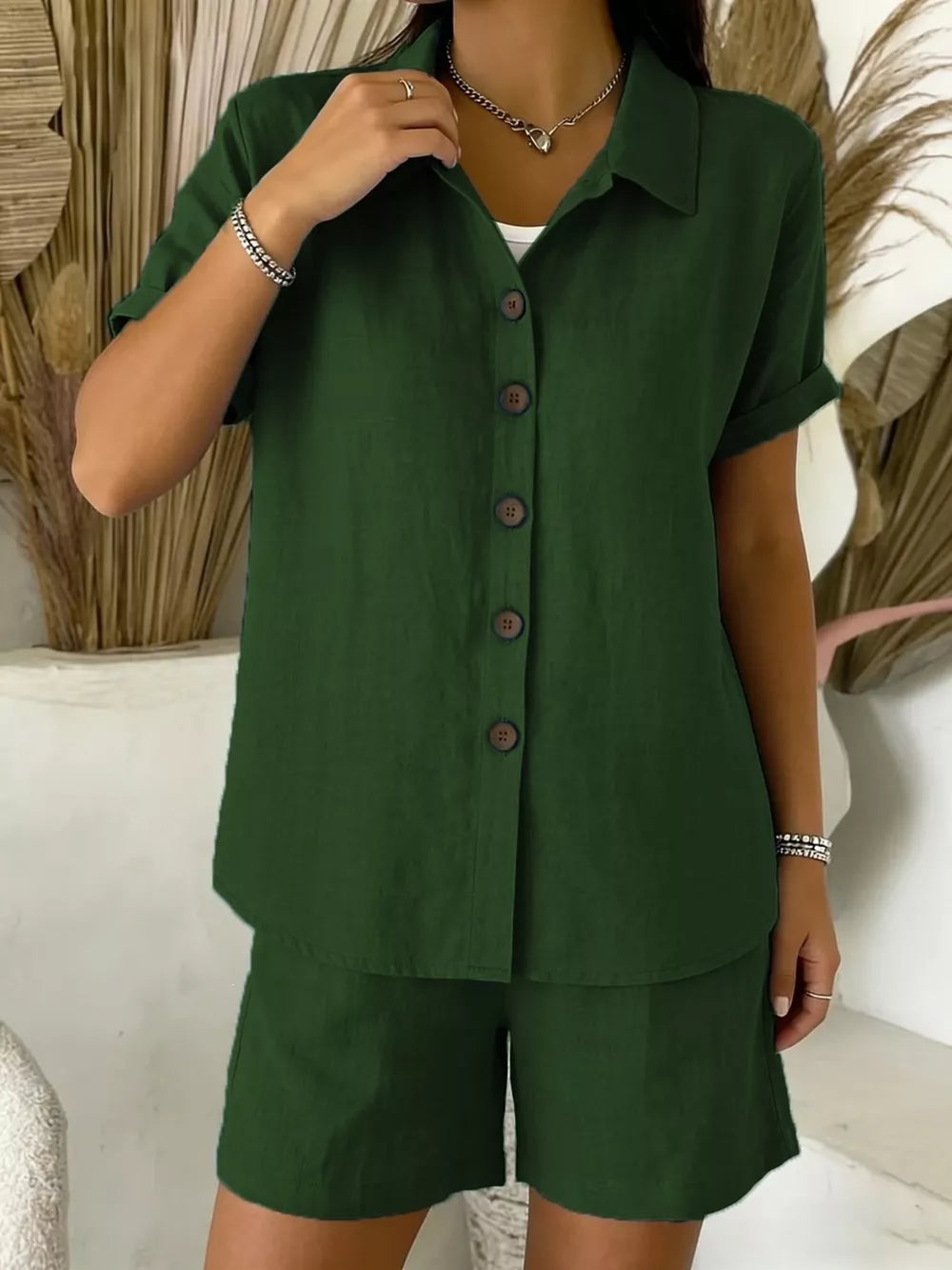 Full Size Button-up Shirt And Shorts Set Plus Size, product detail