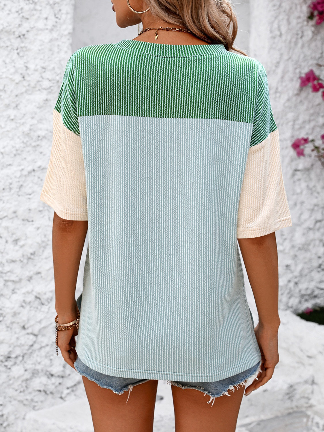 Mandy Color Pop T-Shirt in Green/Blue with cream sleeves, featuring a striped color block design.