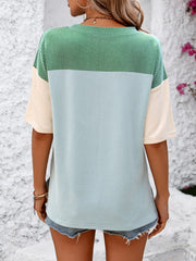 Mandy Color Pop T-Shirt in Green/Blue with cream sleeves, featuring a striped color block design.
