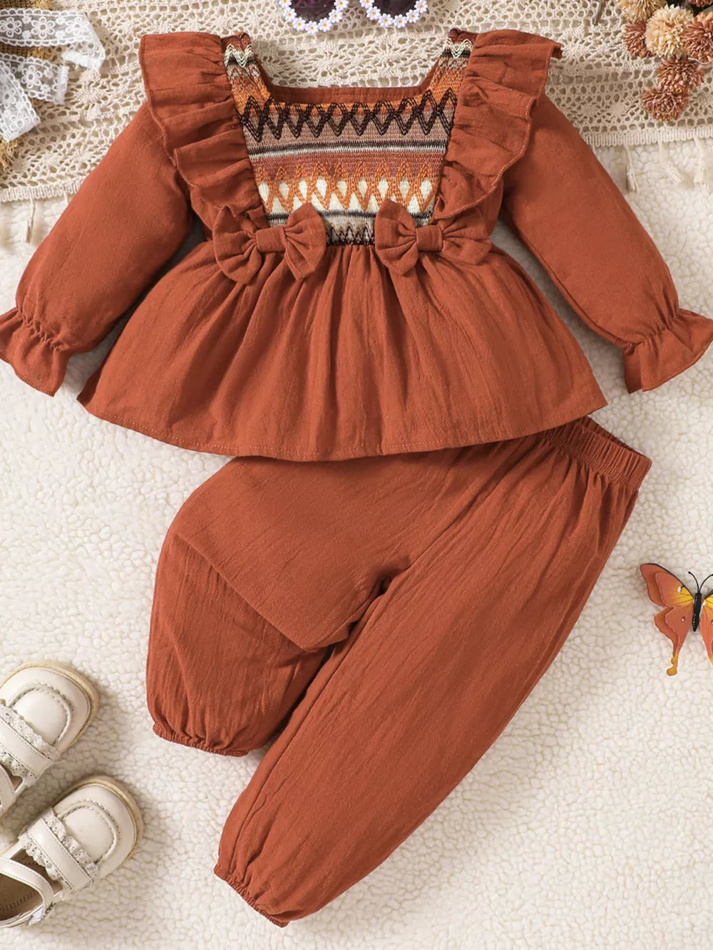 Children's Bow Long Sleeve Blouse And Pants Set in Light Brown, front view