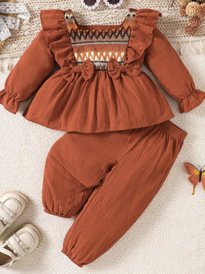 Children's Bow Long Sleeve Blouse And Pants Set in Light Brown, front view