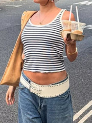 Ribbed striped scoop neck tank top with a cropped fit.