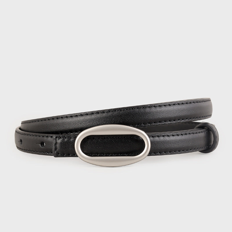 Black cowhide leather skinny belt with oval silver buckle