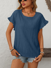Dusty blue eyelet knit blouse with ruffled short sleeves and a scoop neckline.