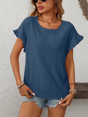 Dusty blue eyelet knit blouse with ruffled short sleeves and a scoop neckline.