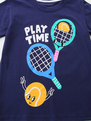 Navy cotton t-shirt with playful tennis graphic and "PLAY TIME" text.