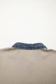 Ribbed knit mini dress in beige with a denim collar detail.