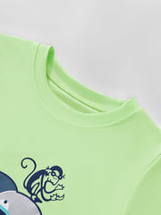Light green toddler t-shirt with a graphic print of a monkey and elephant.