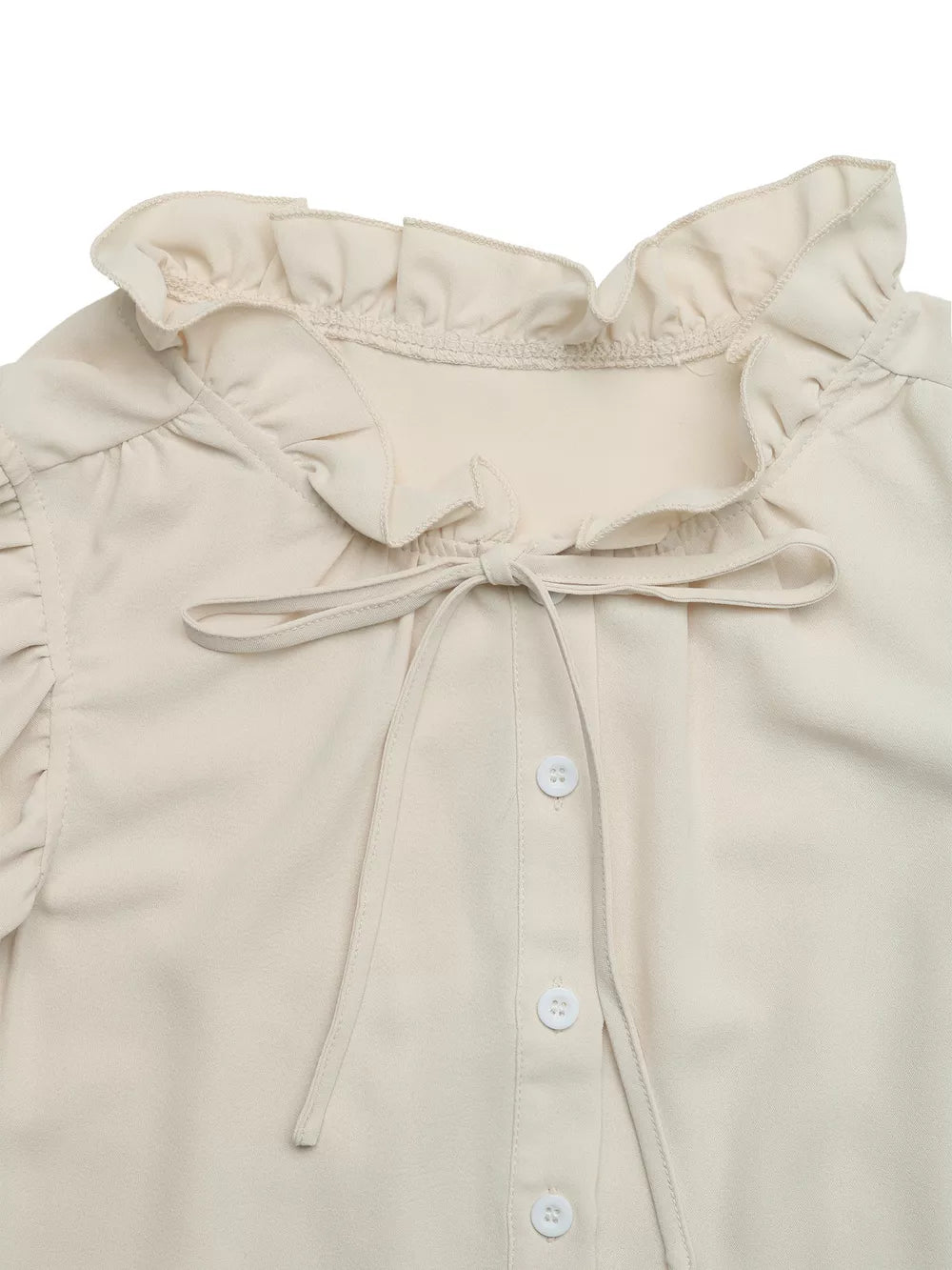 Beige ruffle tie-neck maternity overshirt with button front and ruffle sleeves.