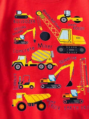Red cotton crew neck t-shirt with a playful construction vehicle print including bulldozers, excavators, and cranes.