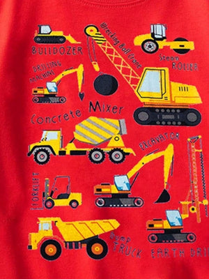 Red cotton crew neck t-shirt with a playful construction vehicle print including bulldozers, excavators, and cranes.