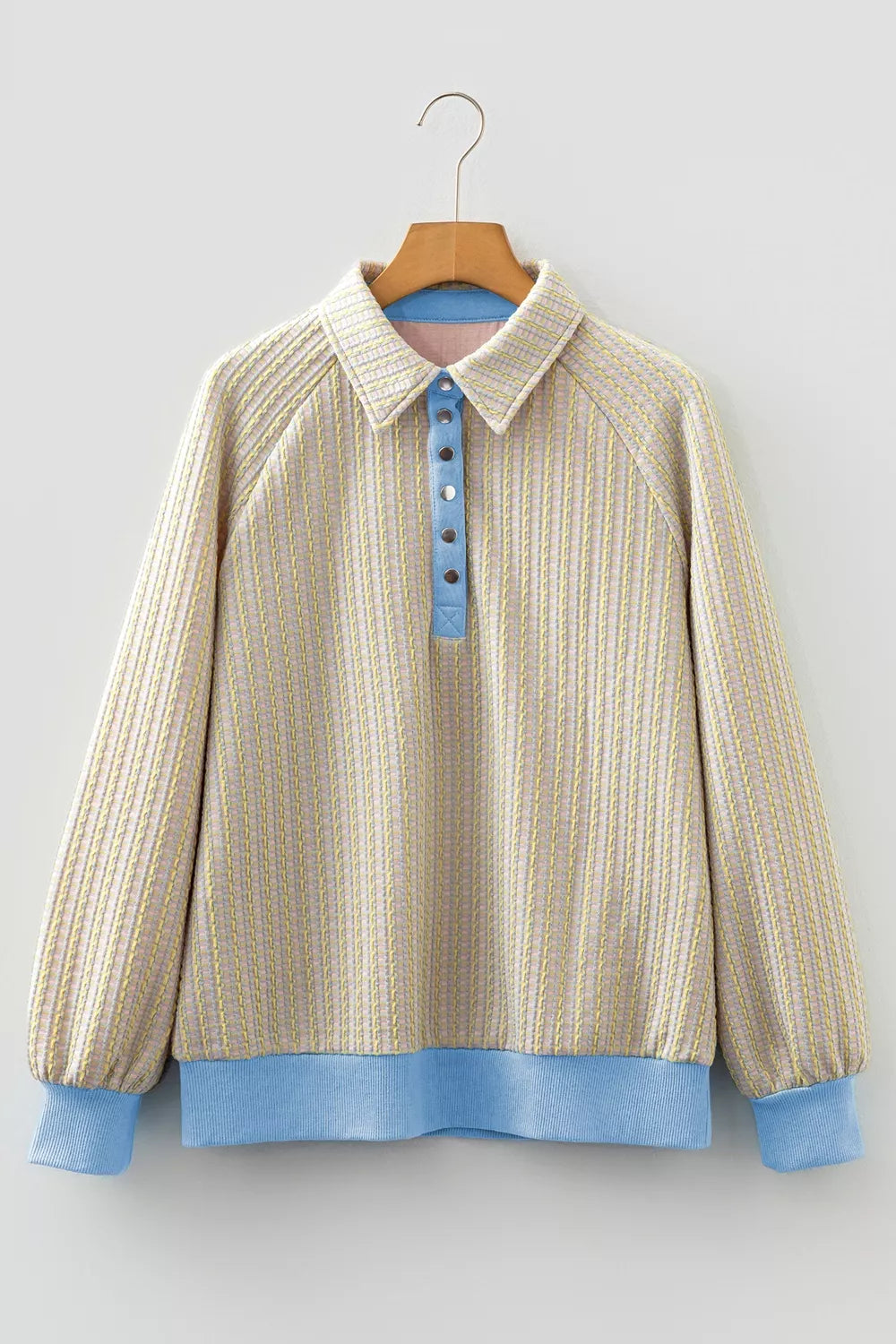 Button Front Jacquard Henley Sweatshirt in Beige, close-up detail