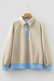 Button Front Jacquard Henley Sweatshirt in Beige, close-up detail