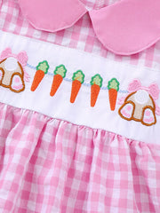 Pink gingham baby dress with bunny and carrot embroidery detail.