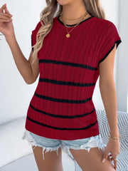 Deep red cable knit sleeveless top with black stripes and crew neck.