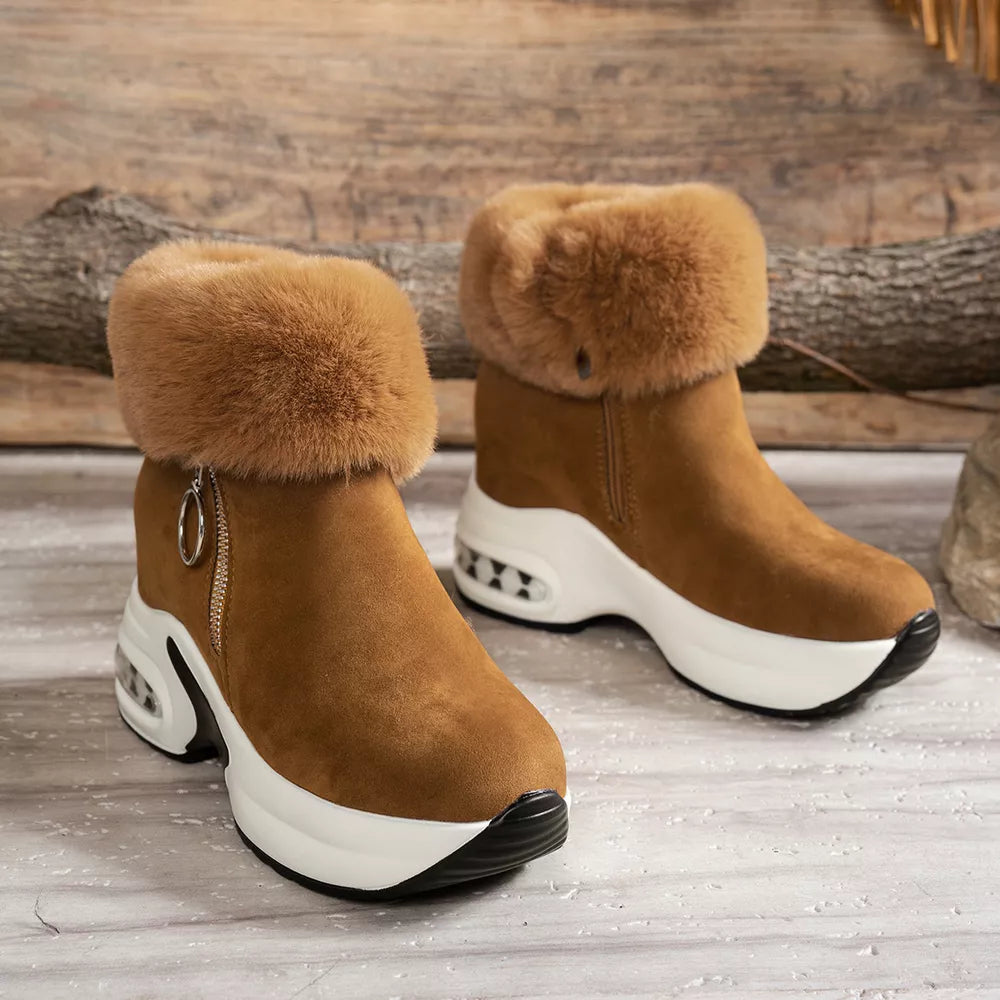 Brown plush ankle boots with side zipper and air cushion sole