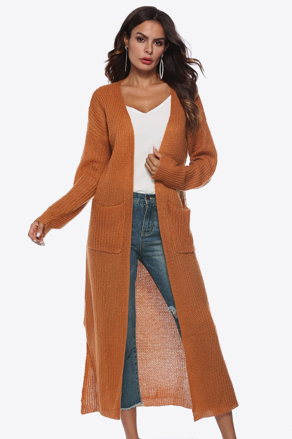 Longline knit cardigan in caramel with pockets and side slits