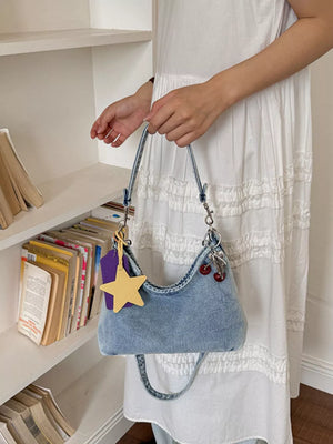 Star Charm Denim Shoulder Bag in Medium, close-up detail