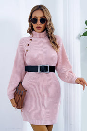 Pink knit turtleneck mini dress with button detail and black belt.
