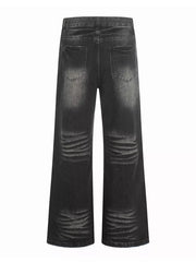 Men's black vintage wash wide leg jeans with distressed detailing