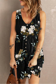 Black floral sleeveless midi dress with button-down front and V-neckline