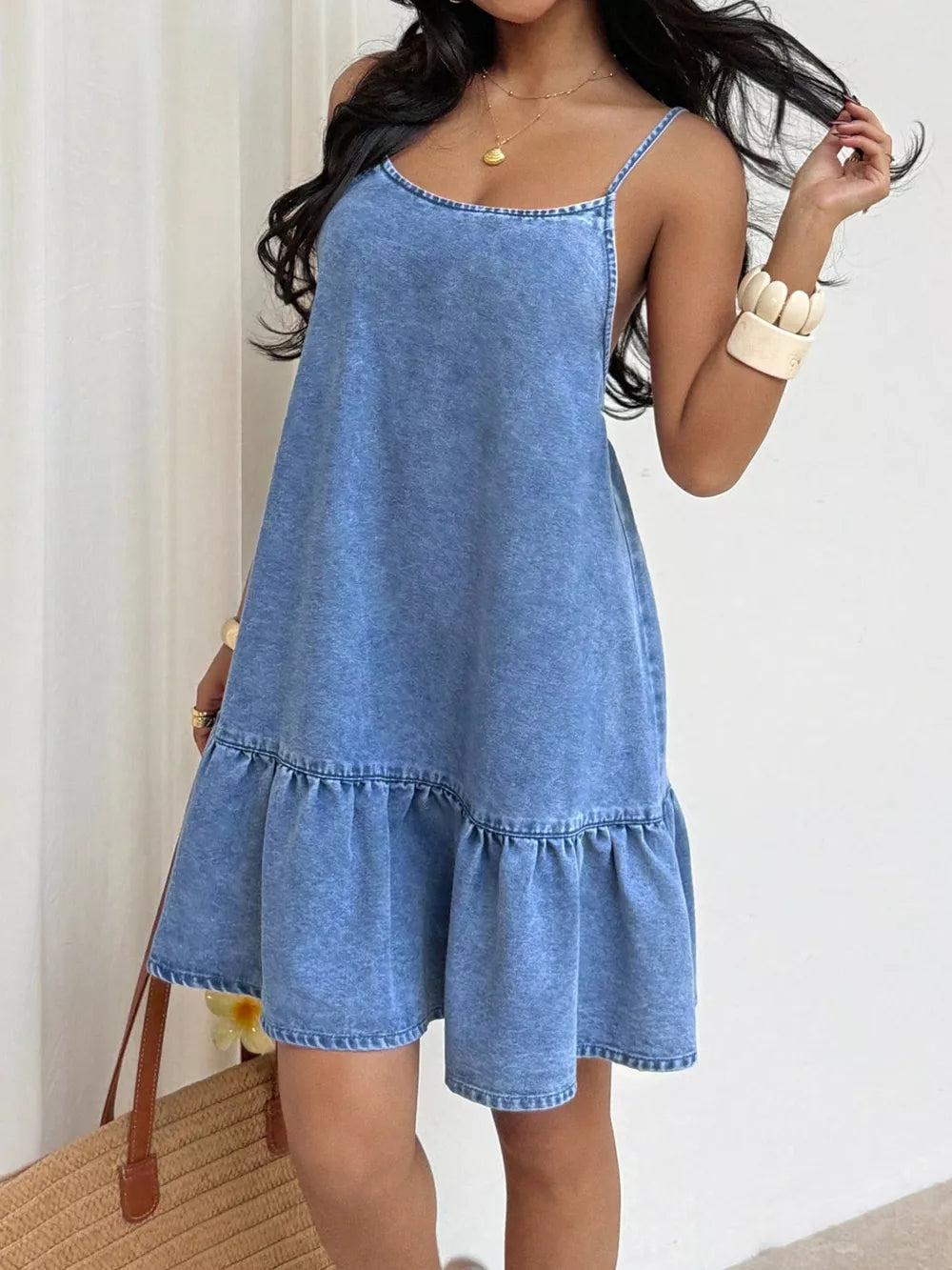 Casual Spaghetti Strap Ruffle Hem Denim Dress in Blue, front view