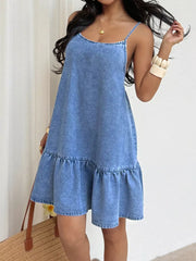 Casual Spaghetti Strap Ruffle Hem Denim Dress in Blue, front view