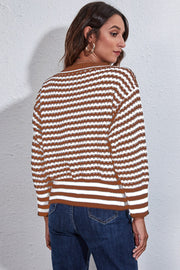 Camel chevron stripe knit cardigan with white horizontal stripes, crew neck, and long sleeves.