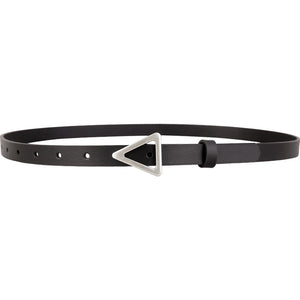 Black cowhide leather belt with silver triangle buckle and adjustable holes.
