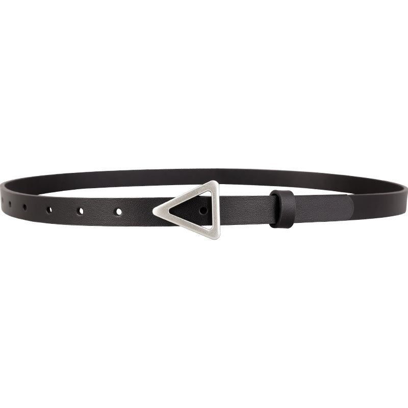 Black cowhide leather belt with silver triangle buckle and adjustable holes.