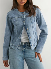 Button-down denim jacket with seam detailing and collarless neckline.
