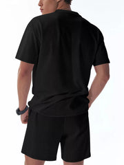Black ribbed crew neck t-shirt and shorts set for men
