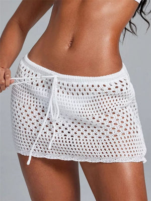 White openwork crochet mini skirt with drawstring waist