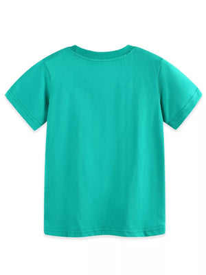 Children's teal cotton crew neck t-shirt with short sleeves and dinosaur print detail.
