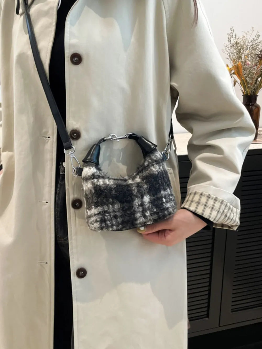 Shearling check mini shoulder bag with black leather trim and chain detail.