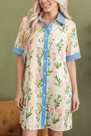 Floral print shift dress with button-down front, striped accents, and above-the-knee length.