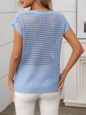 Light blue openwork knit crewneck top with short sleeves.