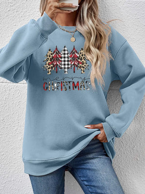 Misty Blue crewneck sweatshirt with Christmas trees graphic and buffalo plaid accents.