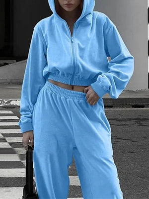 Pastel blue cropped zip hoodie and wide leg sweatpants set with elastic waistband.