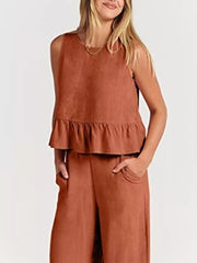 Ruffled Hem Sleeveless Top And Wide-leg Pants Set Plus Size