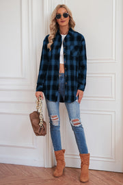 Dreamer Plaid Drop-Shoulder Jacket in Dark Blue with buttoned front and chest pocket.