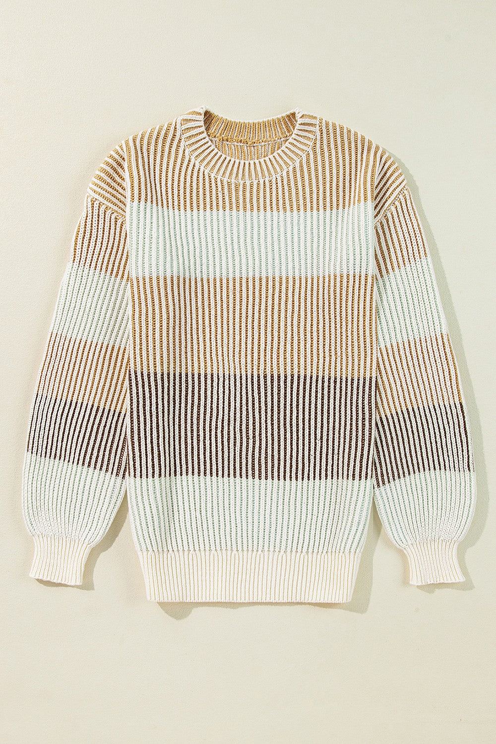 Ribbed stripe knit sweater with balloon sleeves in tan, dusty blue, and white acrylic.