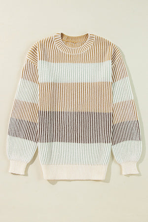 Ribbed stripe knit sweater with balloon sleeves in tan, dusty blue, and white acrylic.