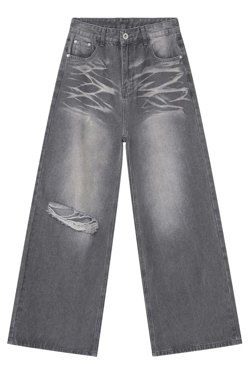 Dark gray wide-leg denim jeans with distressed detailing and a ripped knee.