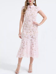 Pink floral lace midi dress with belt and collar